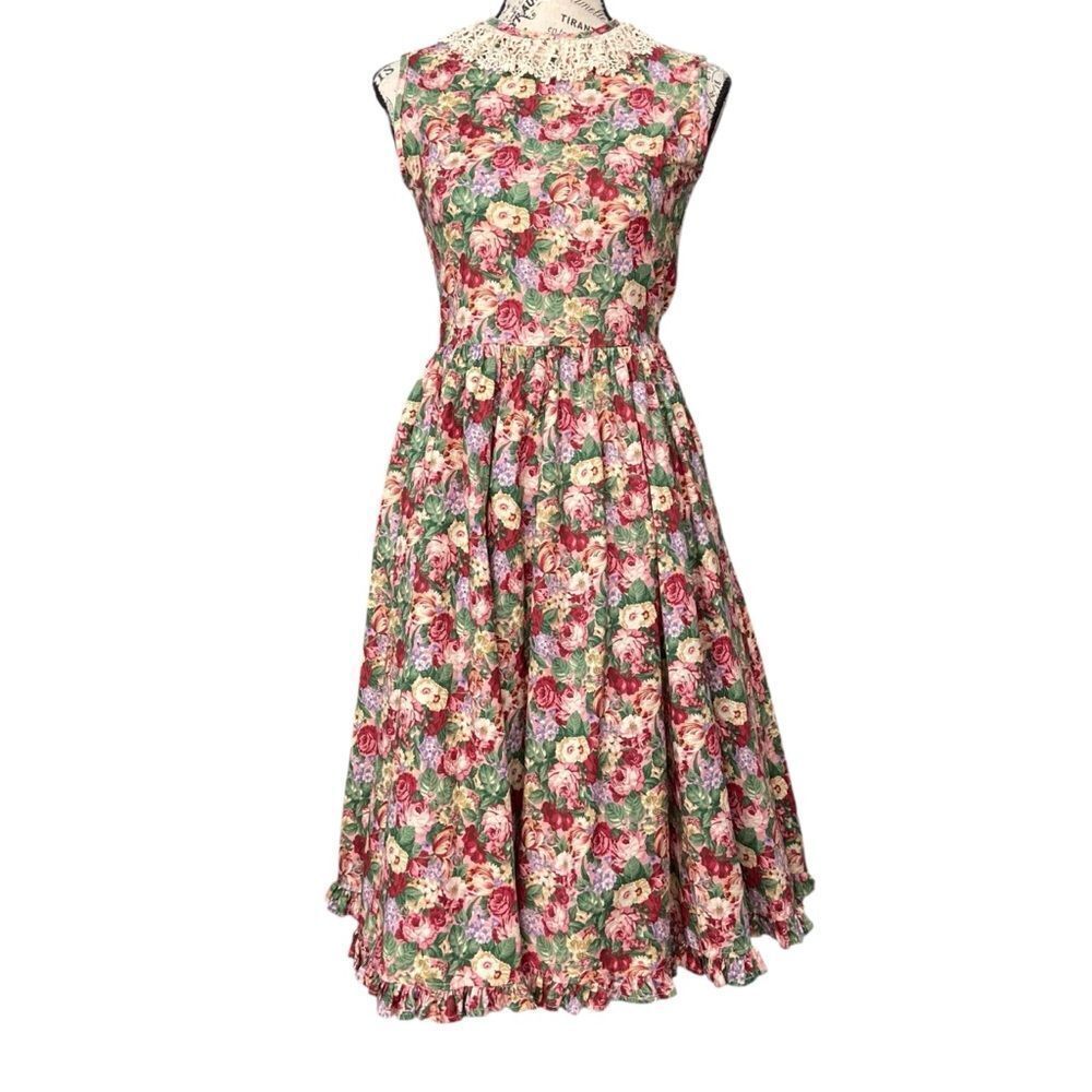 Vintage Three Blind Mice Floral Sleeveless Dress with Lace Collar in Size 14 - Picture 3 of 10